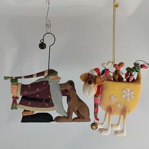 2 Extra Cute Doggy Ornaments.  Santa Giving Dog A Pat & Hound With Lights